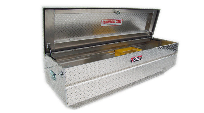 Silver toolbox with open lid on a white background