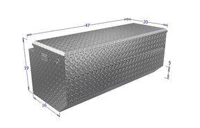 Metal toolbox with dimensions on a white background
