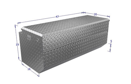 Metal toolbox with dimensions on a white background