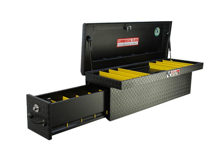 Black tool chest with yellow interior on a white background
