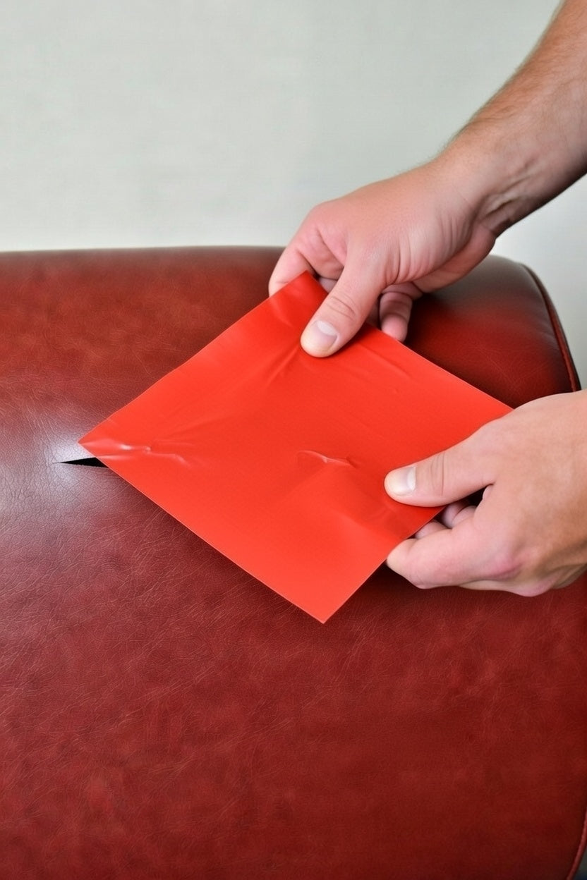 Person applying red tape to a leather surface