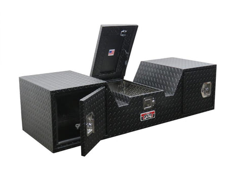 5th wheel tool box in black powder coating with locking cabinets