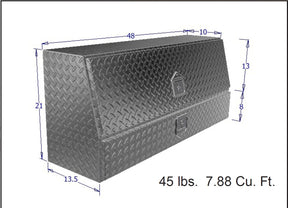 Dimensions of a Brute metal toolbox with weight and volume information. 