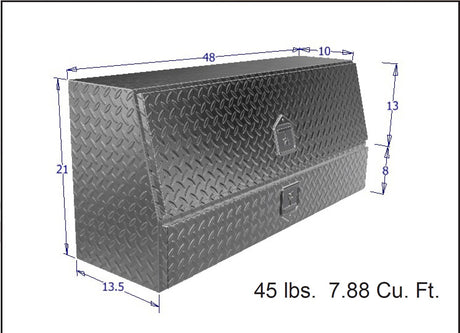 Dimensions of a Brute metal toolbox with weight and volume information. 