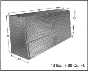 Diagram of a metal toolbox with dimensions and weight on a white background
