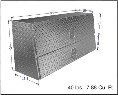 Diagram of a metal toolbox with dimensions and weight on a white background