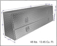 Diagram of a rectangular metal toolbox with dimensions for commercial trucks.