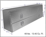 Diagram of a rectangular metal toolbox with dimensions for commercial trucks.