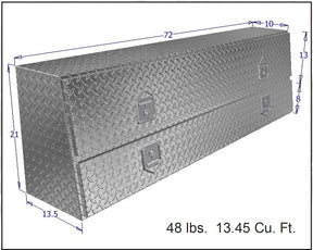 Diagram of a rectangular metal toolbox with dimensions for commercial trucks.