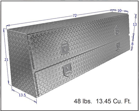 Diagram of a rectangular metal toolbox with dimensions for commercial trucks.
