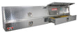 Metal tool box with two doors on the top and two drawers on the bottom for commercial vehicles.