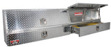 Metal tool box with two doors on the top and two drawers on the bottom for commercial vehicles.