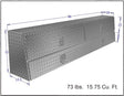 Dimensions of a metal toolbox with weight and volume information.