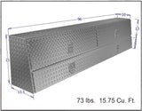 Dimensions of a metal toolbox with weight and volume information.
