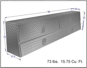Dimensions of a metal toolbox with weight and volume information.