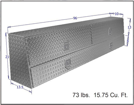 Dimensions of a metal toolbox with weight and volume information.