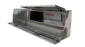 metal toolbox with two doors on the top and one large door on the bottom for storage.