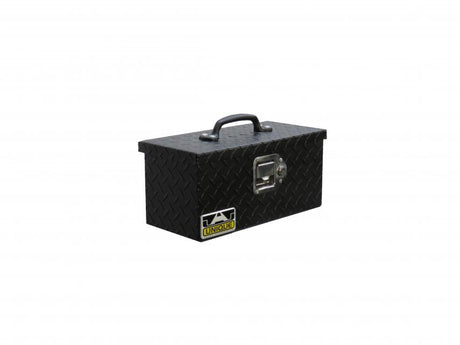 16" Powder coated black tool box with top handle and locking latch