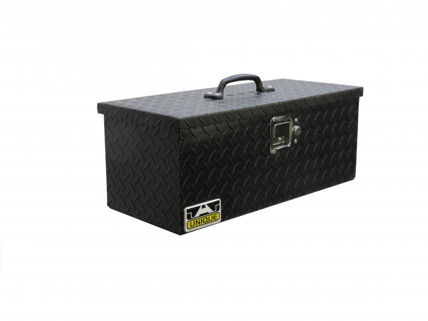 24" Powder coated black tool box with top handle and locking latch