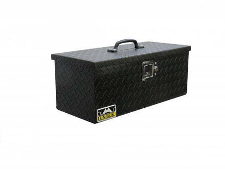 24" Powder coated black tool box with top handle and locking latch