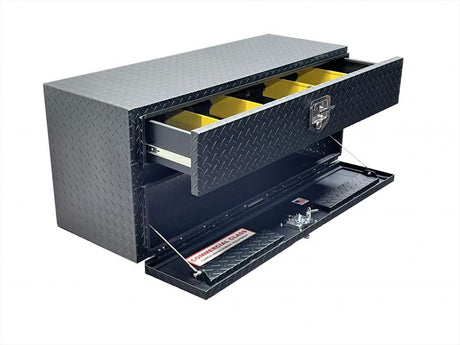 undermount tool box with drawers and doors locking in black powder coat