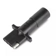 A black 4-way round to 4-way flat pin adapter for vehicle lighting systems.
