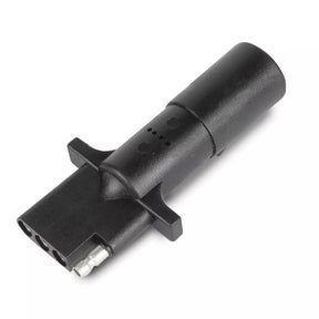 A black 4-way round to 4-way flat pin adapter for vehicle lighting systems.