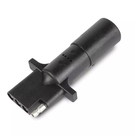 A black 4-way round to 4-way flat pin adapter for vehicle lighting systems.