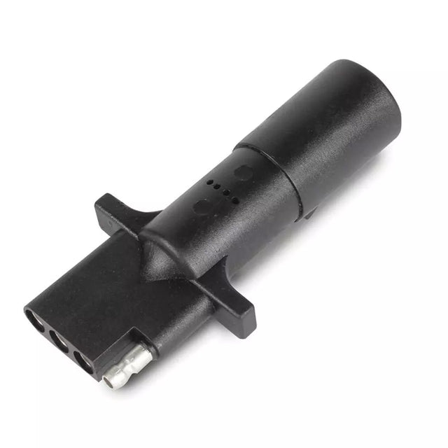 A black 4-way round to 4-way flat pin adapter for vehicle lighting systems.