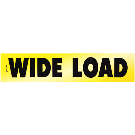 A yellow reflective decal with the words 'Wide Load' in black lettering.