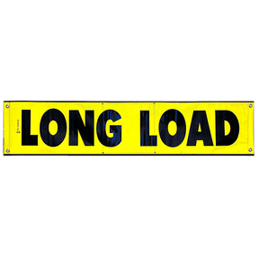 A rectangular yellow banner with the text 'LONG LOAD' in black letters, featuring grommets for mounting.