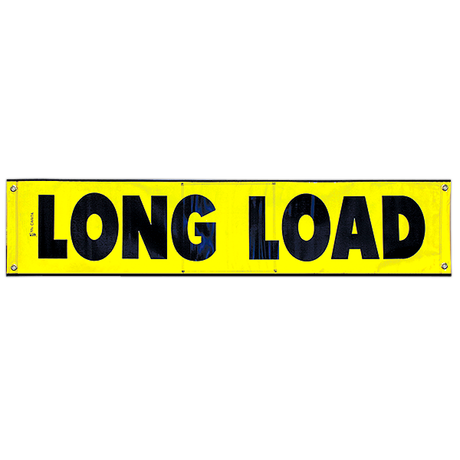 A rectangular yellow banner with the text 'LONG LOAD' in black letters, featuring grommets for mounting.