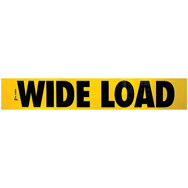 Yellow vinyl decal with black text stating 'WIDE LOAD' suitable for industrial vehicles