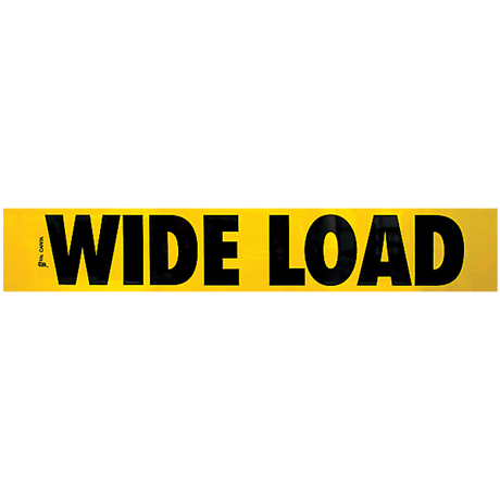 Yellow vinyl decal with black text stating 'WIDE LOAD' suitable for industrial vehicles