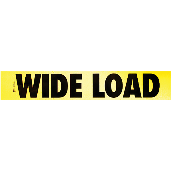 A yellow reflective decal with black text stating 'WIDE LOAD' suitable for vehicle safety markings.