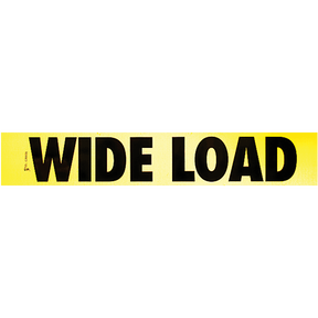 A yellow reflective decal with black text stating 'WIDE LOAD' suitable for vehicle safety markings.