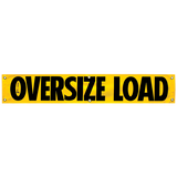 A yellow vinyl banner with the words 'OVERSIZE LOAD' in bold black letters, featuring large grommets for mounting.