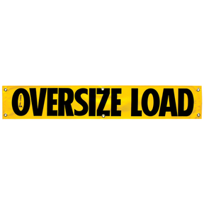 A yellow vinyl banner with the words 'OVERSIZE LOAD' in bold black letters, featuring large grommets for mounting.