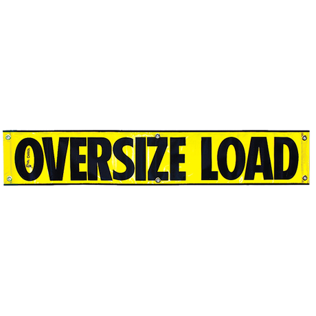 A yellow reflective oversize load banner with black lettering stating 'Oversize Load' and the brand 'SafeTrucks'.