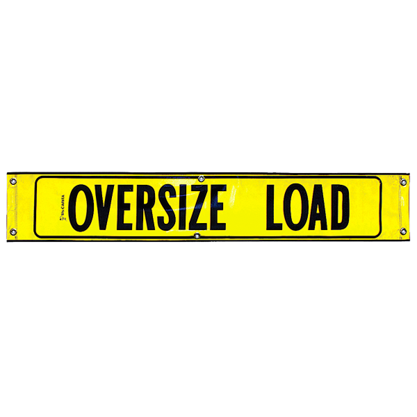 Yellow vinyl reflective oversized load banner with black text and border, designed for vehicle safety during transport of oversized loads.
