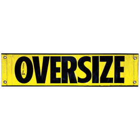 A yellow oversize banner with black text, mounted on a black grommet, with the text 'Oversize' prominently displayed.