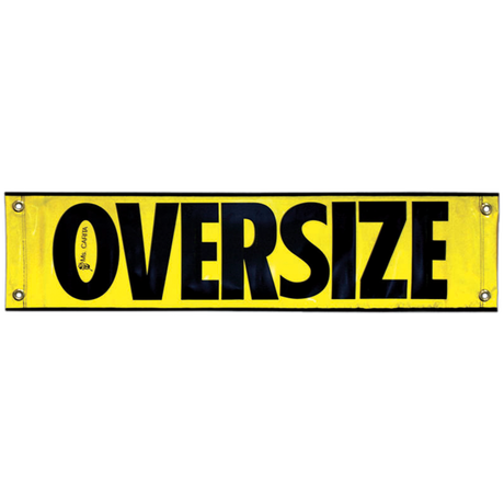 A yellow oversize banner with black text, mounted on a black grommet, with the text 'Oversize' prominently displayed.