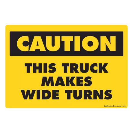 Caution Wide Turns Truck Decal in vibrant yellow, ensuring safety on the road with clear, durable signage.