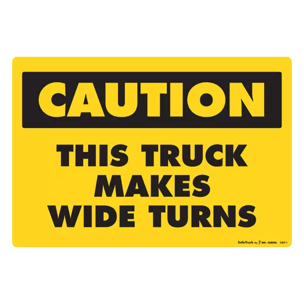 Caution Wide Turns Truck Decal in vibrant yellow, ensuring safety on the road with clear, durable signage.