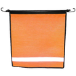 A reflective orange mesh bungee flag with black vinyl coated polyester trim.