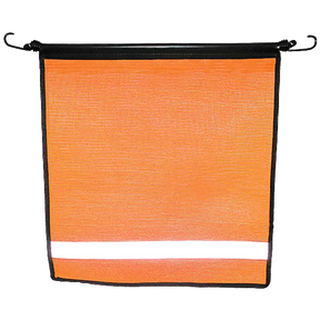 A reflective orange mesh bungee flag with black vinyl coated polyester trim.