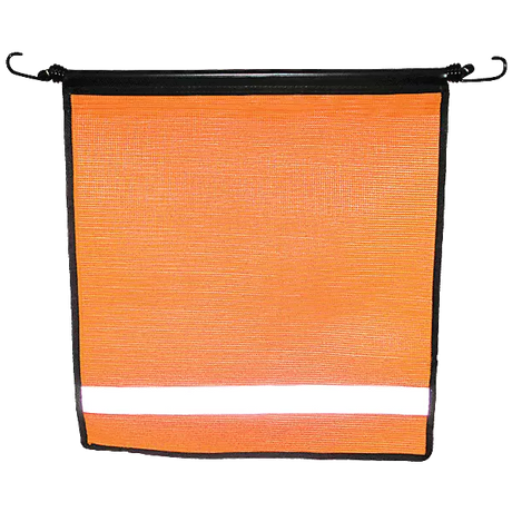 A reflective orange mesh bungee flag with black vinyl coated polyester trim.