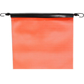 A bright orange, mesh bungee flag with heavy duty vinyl coated polyester construction, designed for visibility and durability.