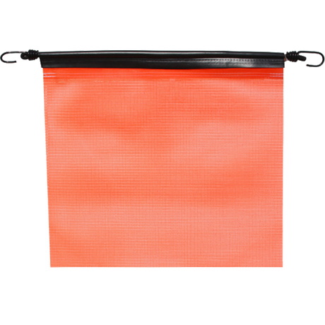A bright orange, mesh bungee flag with heavy duty vinyl coated polyester construction, designed for visibility and durability.