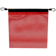 A red mesh bungee flag with metal grommets on the corners, designed for visibility and strength.